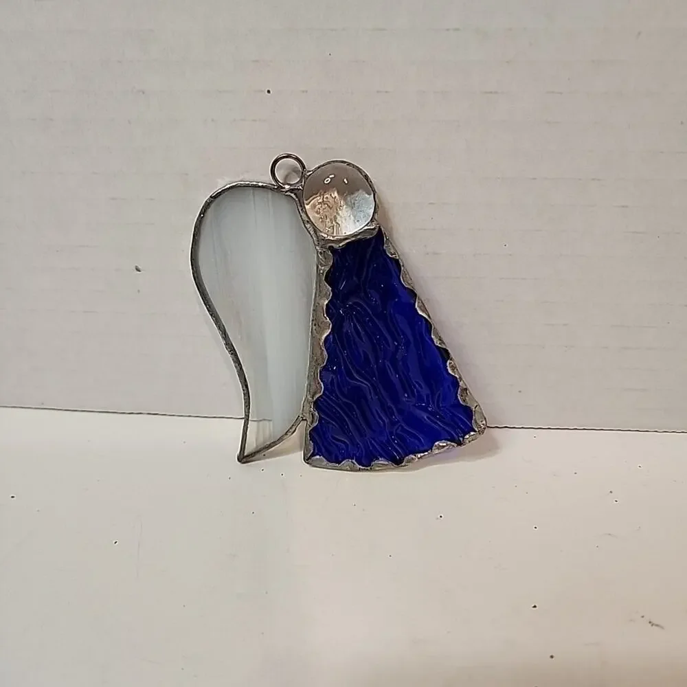 Stain Glass Angel Ornament Blue Textured Glass Body White Glass Wings 3.5”T